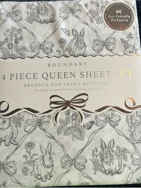 Brushed Queen Sheet Set in Cream with Gray Bunny Print